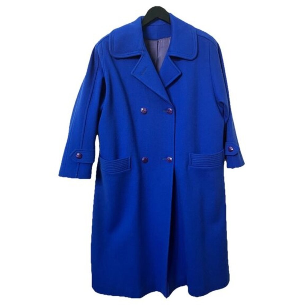 Vintage Cobalt Blue Wool Trench‎ Coat Womens Double Breasted Long Prep Academia